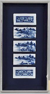 Framed Group Five Chinese B/W Porcelain Tiles