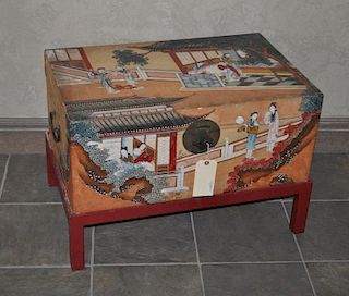 Chinese Painted Pigskin Trunk/Stand