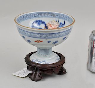 Japanese Porcelain Stem Cup/Carved Stand