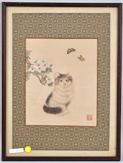 Asian Cat Painting & Embroidery on Silk