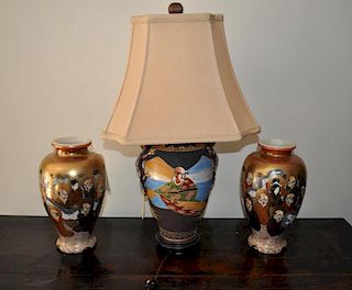 Pair Japanese Satsuma Vases, Moriage Lamp