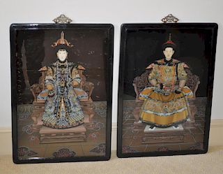 Pair Chinese Reverse Painted Ancestral Portraits