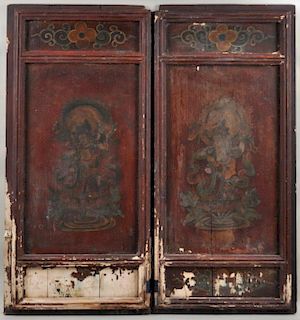 Pair Asian Polychrome Wood Doors