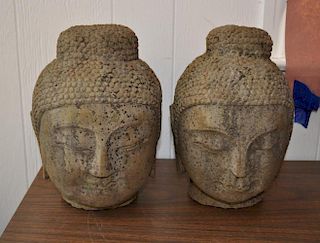 Pair Carved Stone Heads of Buddha