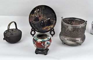 Japanese Iron Teapot, Lacquer Tray, Vase, Bucket