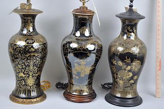 Three Chinese Black Ground/Gilt Table Lamps