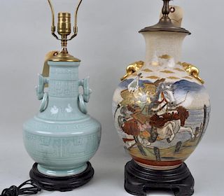 Large Porcelain Satsuma Vase Lamp & Celadon Lamp