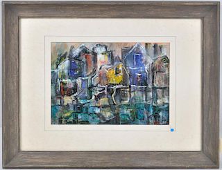 Gouache/Paper, Abstract Waterfront Scene, Signed