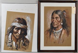 2 Diego Voci Tempera on Paper "Indianer" Portraits