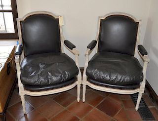 Pair Louis XVI Style Leather Upholstered Fauteils