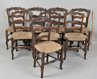 Set Eight French Provincial Oak Ladder Back Chairs