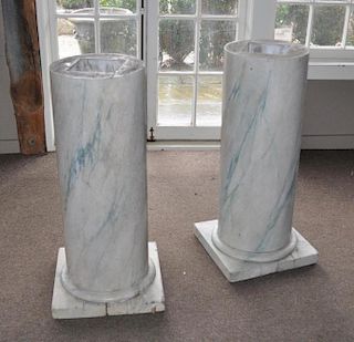 Pair Wood Faux Marble Column Form Pedestals