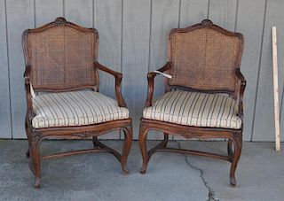 Pair Louis XV Style Carved Walnut Arm Chairs