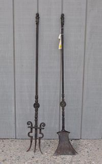 Pair Renaissance Revival Iron/Bronze Fire Tools