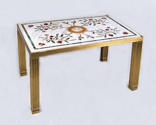 Pietra Dura Marble Low Table, Brass Base