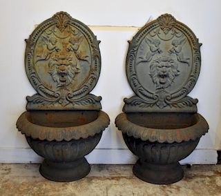 Pair Cast Iron Fountains/Planters w/Shaped Backs