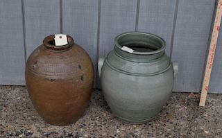 Two Large Glazed Ceramic Storage Jars