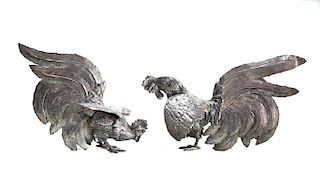 Pair Peruvian Sterling Silver Fighting Cocks