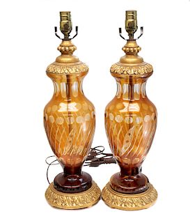 Pair Amber Glass & Gilt Wood Lamps