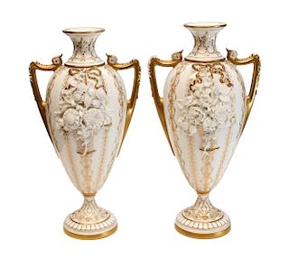Pair Royal Worcester Porcelain Vases Retailed by