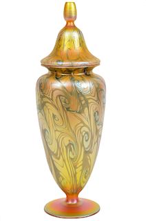 Quezal Iridescent King Tut Art Glass Lidded Vase