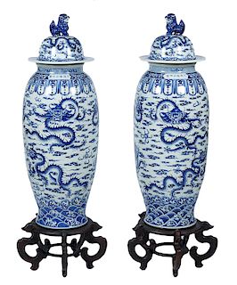 Pr. of Chinese Palace Sized Blue/White Temple Jars
