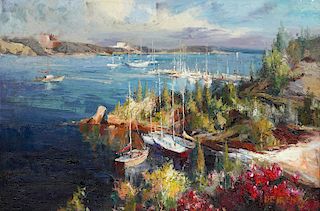 Howard Behrens 'Sailboats in the Harbor' O/C