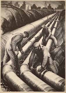 James E Allen Lithograph 'Three Pipe Lines'