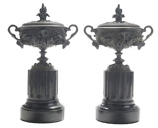 Pair Lidded Bronze and Black Marble