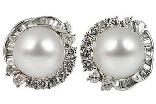 13mm South Sea Pearl & Diamond Platinum Earrings