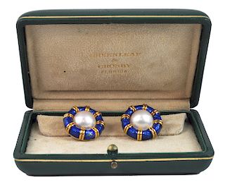 Designer 18kt Gold, Enamel & Pearl Earrings