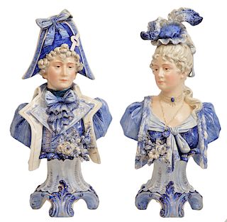 2 Antique Austrian Majolica Male & Female Busts