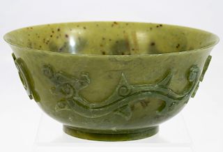 Large Chinese Spinach Jade Carved Bowl