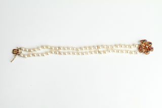 14K Gold Diamond & Gemstones Clasp Pearls Bracelet