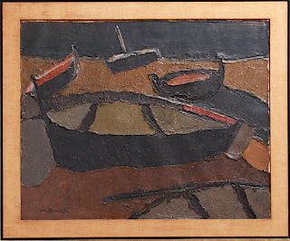 Neill Mallow "Boats" Modern Oil on Canvas 1958