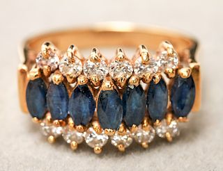 14K Yellow Gold Sapphires & Diamonds Chevron Ring