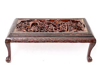 Asian Low Table w High Relief Carved Figural Scene