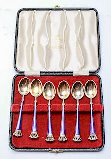 Danish Silver Enamel Demitasse Spoons Box Set of 6