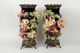 Pair Faience Pottery Vases, Poss. Edouard Gilles