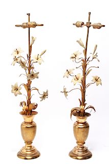 Continental Brass & Tole Floral Table Lamps, Pair