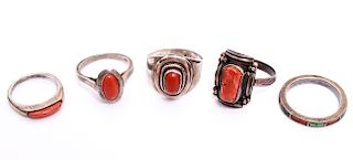 South Western Navajo Silver & Red Coral Rings 5