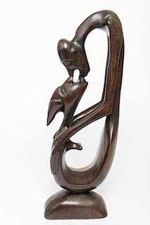 African Figures Embracing Carved Wood Sculpture