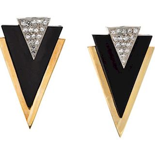 A Pair of 14 Karat Bicolor Gold, Diamond and Onyx Earclips, 13.30 dwts.