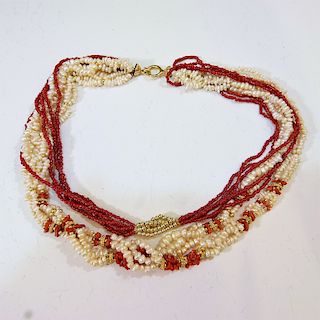RED CORAL AND PEARLS 10 STRAND NECKLACE