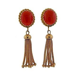 Mid Century 14k Gold Coral Tassel Earrings 