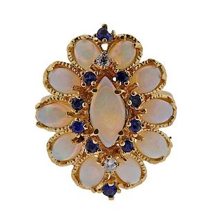 14k Gold Diamond Opal Sapphire Ring 