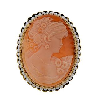 14k Gold Pearl Shell Cameo Brooch  Pendant 