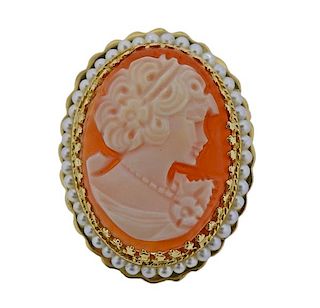 14k Gold Pearl Shell Cameo Brooch Pendant 