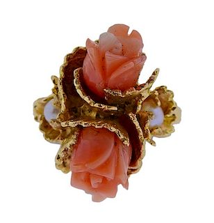 14K Gold Coral Pearl Flower Ring