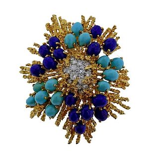 1970s 18k Gold Lapis Diamond Turquoise Brooch Pin 